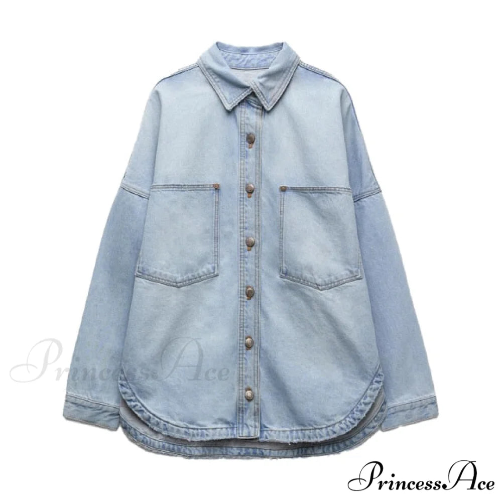 Fashion Pocket Decorated Denim Shirt Blue / XS