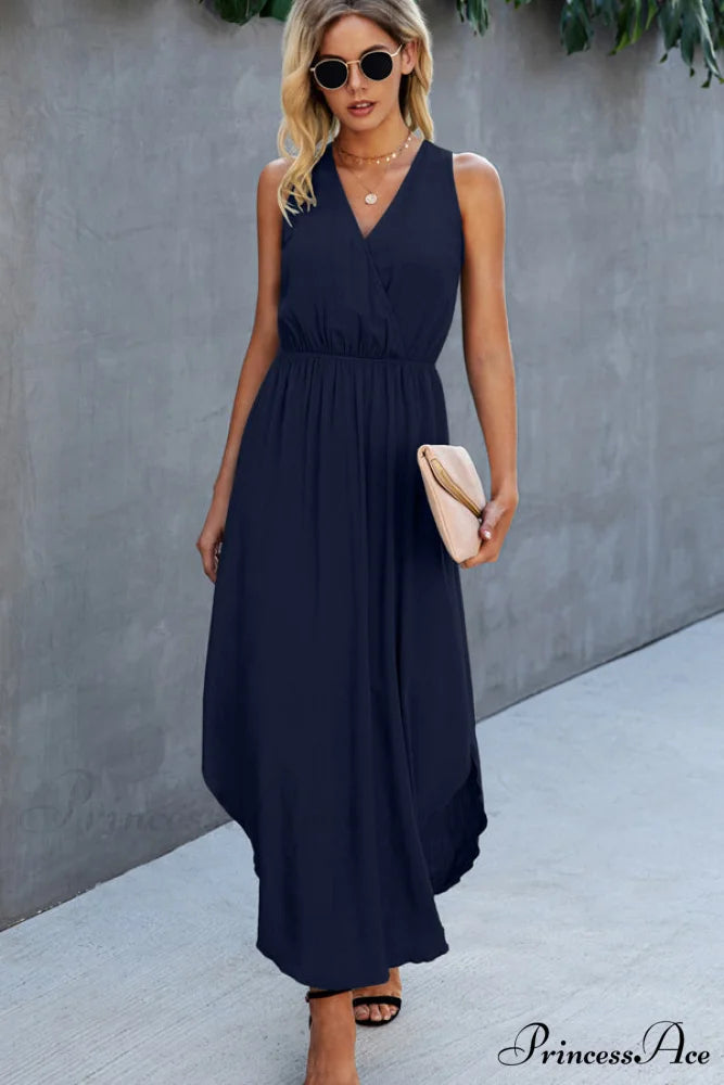 Fashion Polka Print Long Modern Sleeve Tie Waist Dress S / Navy