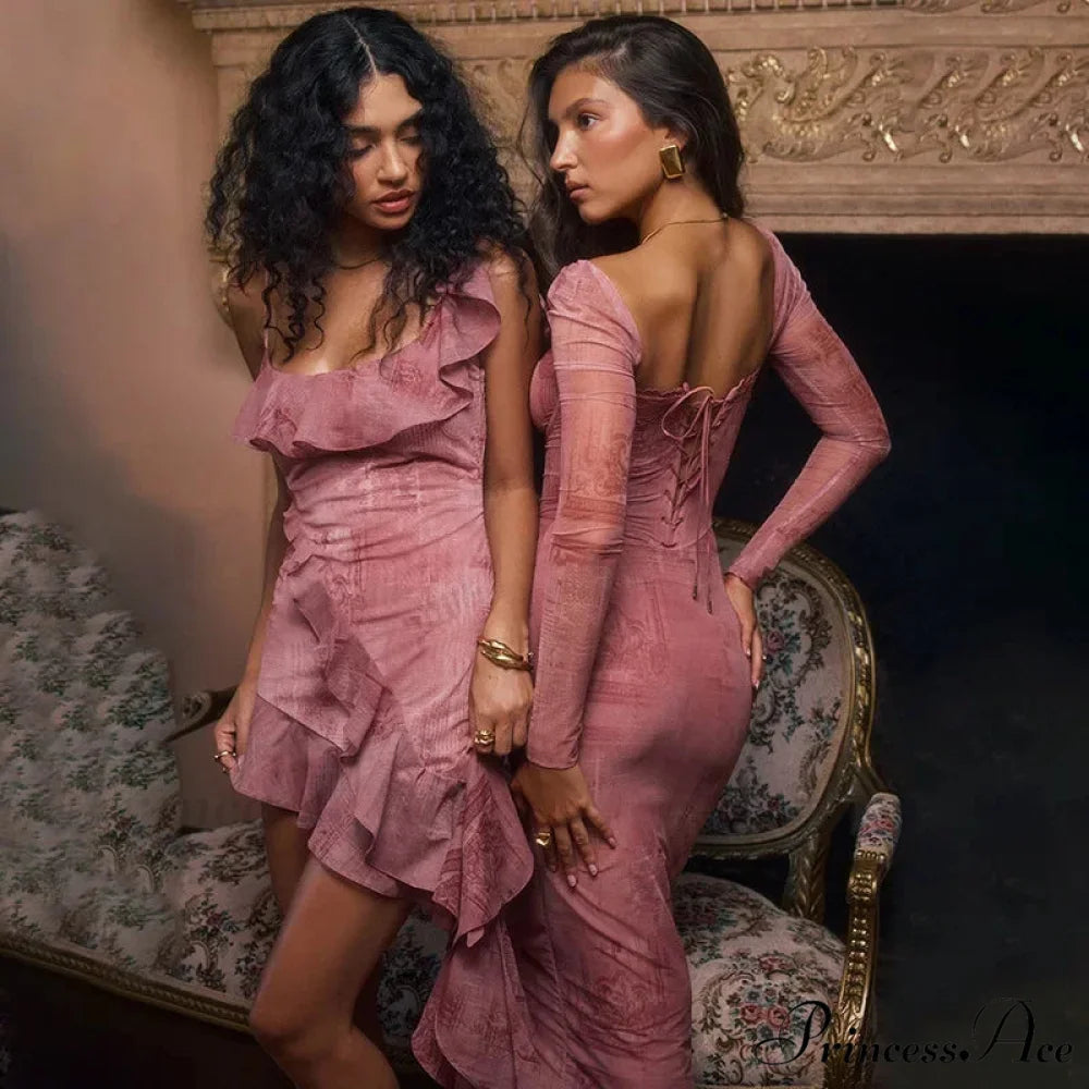 Fashion Print Bandage Corset Long Sleeve Fall Lace Clothes Midi Dress