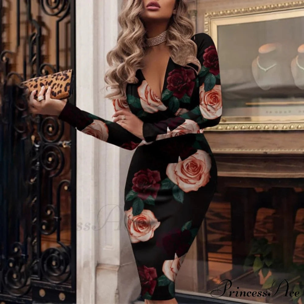 Fashion Print Sexy V-neck Slim Pencil Dresses black / S