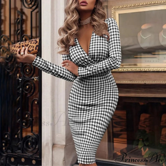 Fashion Print Sexy V-neck Slim Pencil Dresses Houndstooth / S