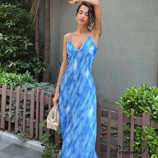 Fashion Print Sleeveless Backless Holiday Slip Maxi Dress Blue / S