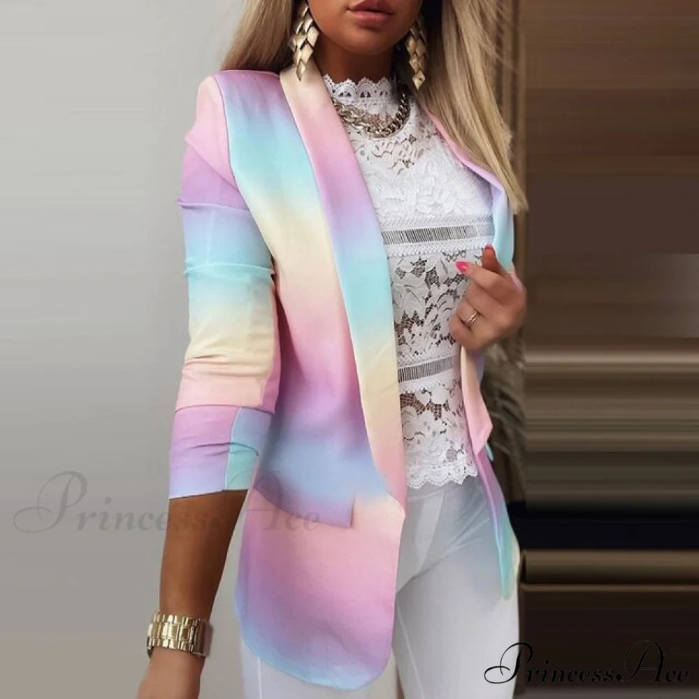 Fashion Rainbow Printed Notched Blazers 01 Pink / S