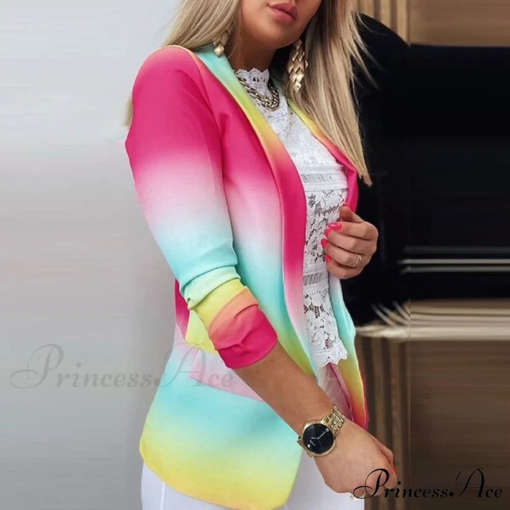 Fashion Rainbow Printed Notched Blazers 02 Rose Red / S
