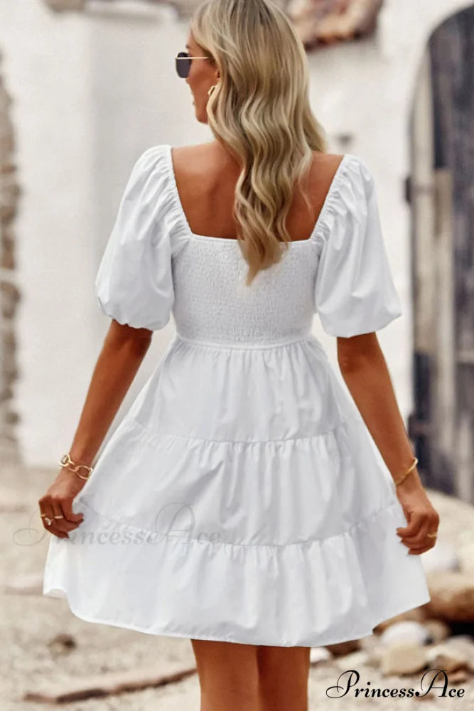 Fashion Ruffle Hem Trendy Solid Color Cusual Dress XL / White