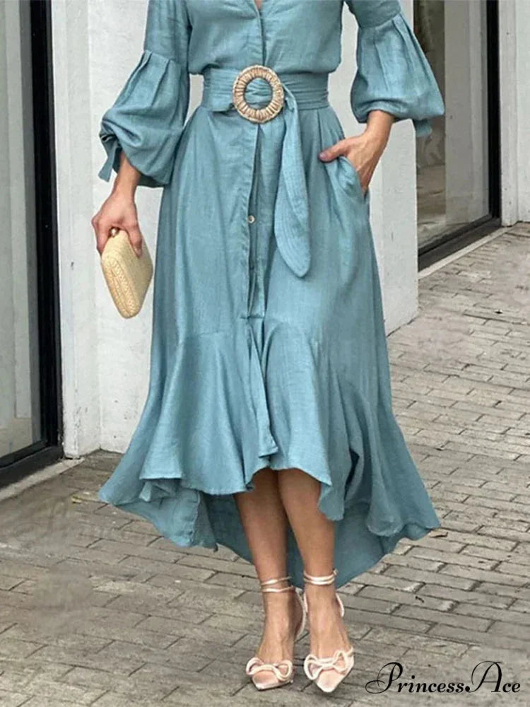 Fashion Ruffle Women’s Shirt Casual V Neck Lantern Sleeve With Pocket Long Skirt 2024 Spring Lady Streetwear Midi Dress