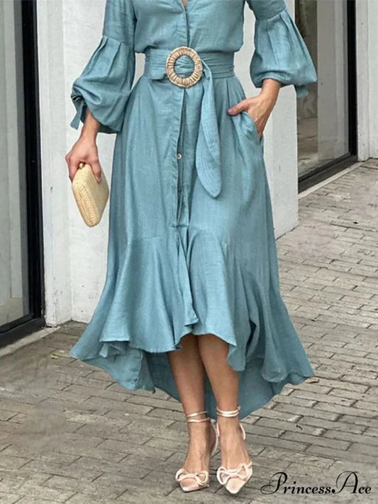 Fashion Ruffle Women’s Shirt Casual V Neck Lantern Sleeve With Pocket Long Skirt 2024 Spring Lady Streetwear Midi Dress
