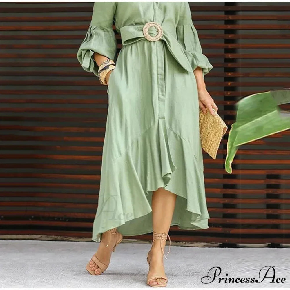 Fashion Ruffle Women’s Shirt Casual V Neck Lantern Sleeve With Pocket Long Skirt 2024 Spring Lady Streetwear Midi Dress