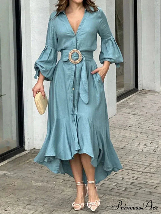 Fashion Ruffle Women’s Shirt Casual V Neck Lantern Sleeve With Pocket Long Skirt 2024 Spring Lady Streetwear Midi Dress