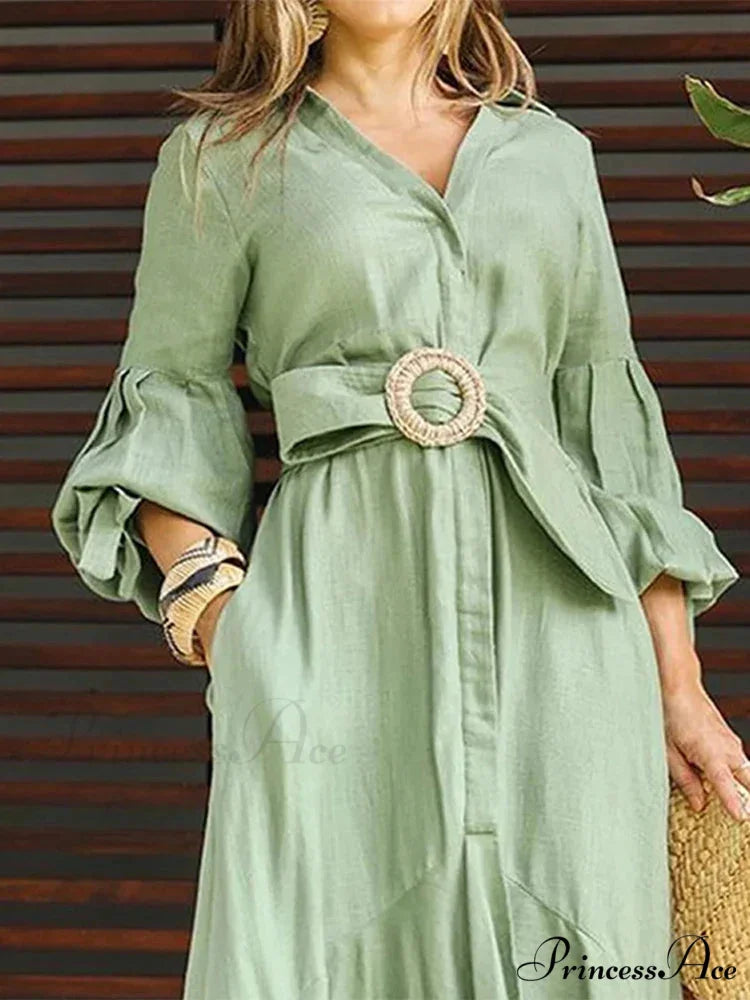 Fashion Ruffle Women’s Shirt Casual V Neck Lantern Sleeve With Pocket Long Skirt 2024 Spring Lady Streetwear Midi Dress