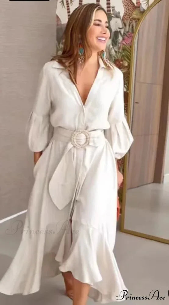 Fashion Ruffle Women’s Shirt Casual V Neck Lantern Sleeve With Pocket Long Skirt 2024 Spring Lady Streetwear Midi Dress