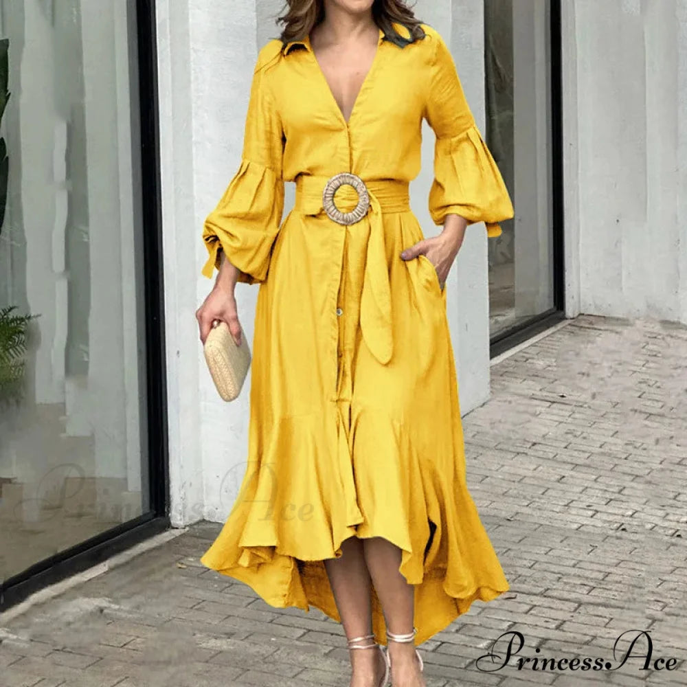 Fashion Ruffle Women’s Shirt Casual V Neck Lantern Sleeve With Pocket Long Skirt 2024 Spring Lady Streetwear Midi Dress