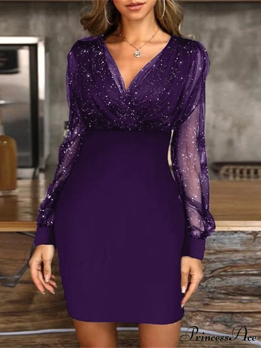 Fashion Sequin Elegant Party Club Mini Dress Purple / S