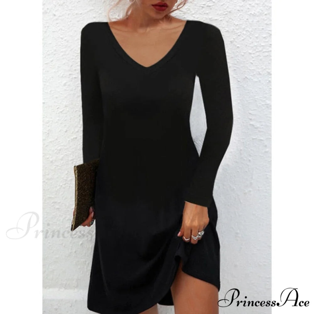Fashion Sexy Casual Long Sleeve Vestidos Pullover Party Dress Black1 / XXL