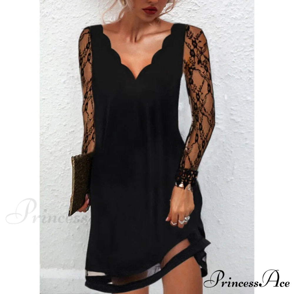 Fashion Sexy Casual Long Sleeve Vestidos Pullover Party Dress lace black / XXL