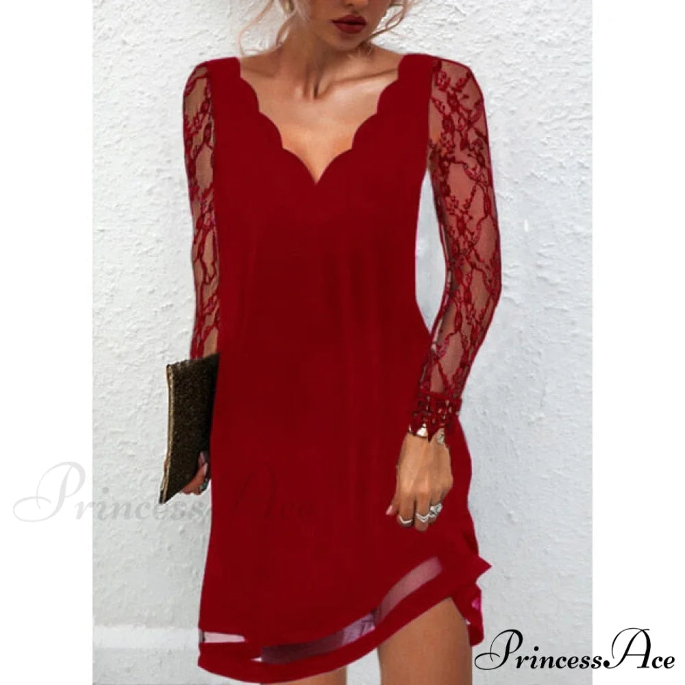 Fashion Sexy Casual Long Sleeve Vestidos Pullover Party Dress lace red / XXL