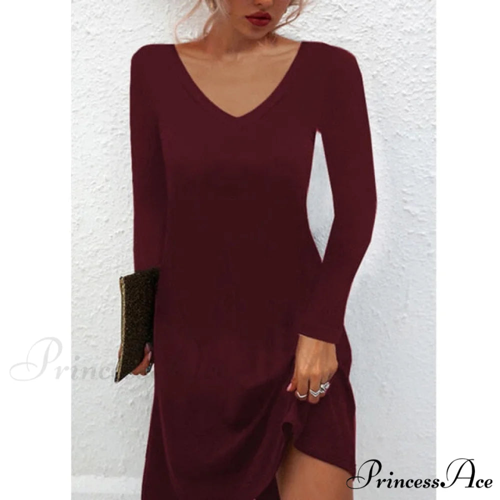 Fashion Sexy Casual Long Sleeve Vestidos Pullover Party Dress Wine Red / XXL