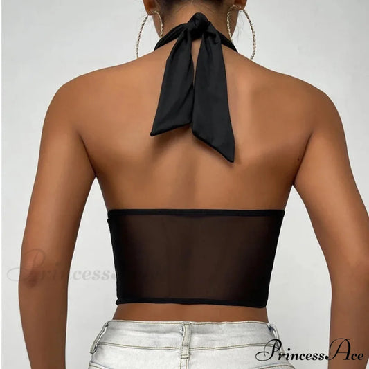 Fashion Sexy Hollow Tie-Up Halter Backless See-Through Mesh Stylish Elegant Trendy Crop Top