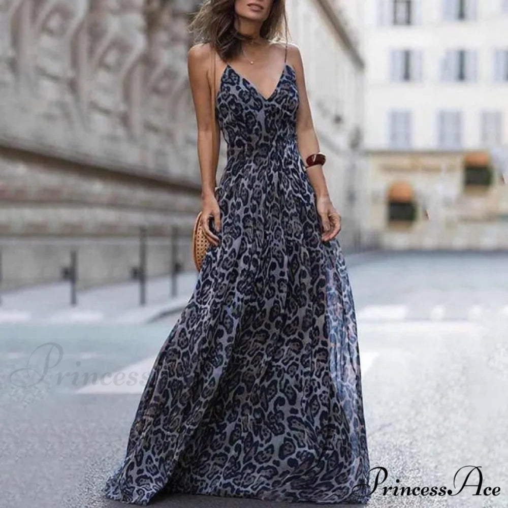 Fashion Sexy Leopard V-Neck Sling Maxi Dresses blue / S