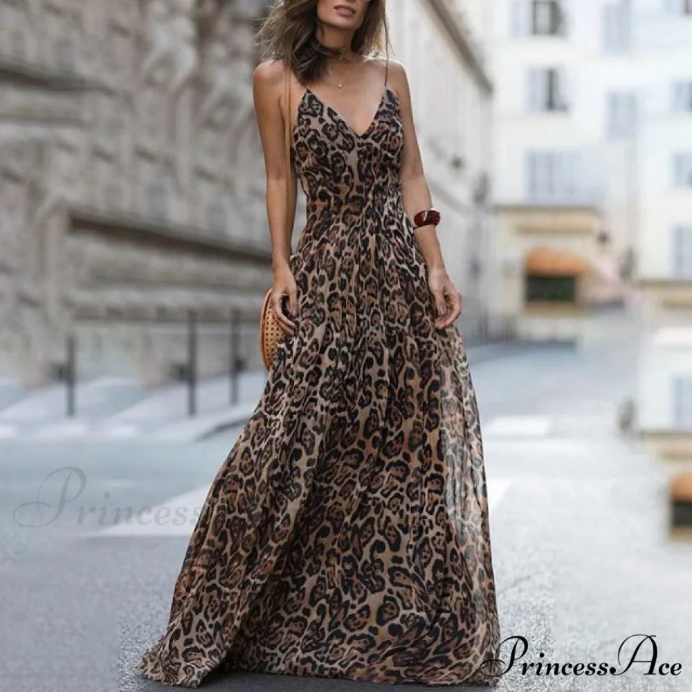 Fashion Sexy Leopard V-Neck Sling Maxi Dresses brown / S