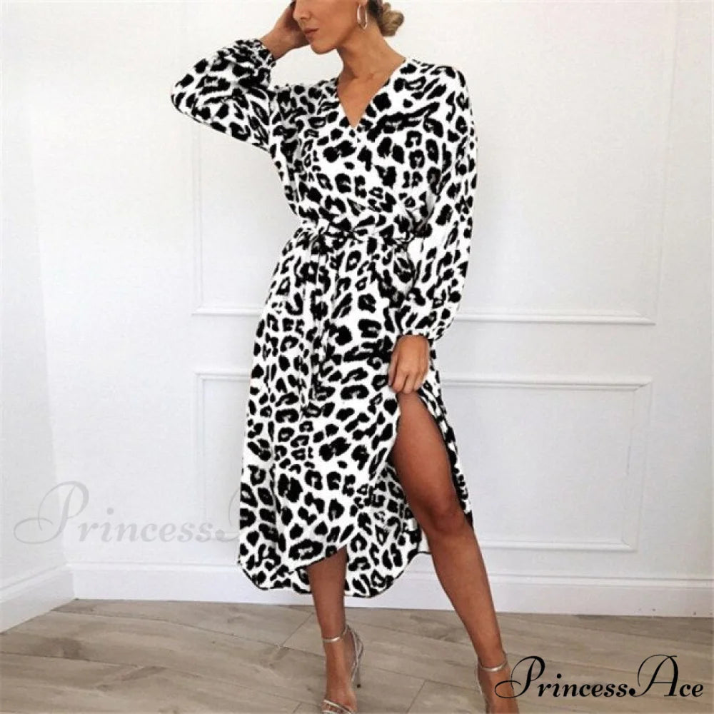 Fashion Sexy Leopard V-Neck Sling Maxi Dresses Long Sleeves Grey / S