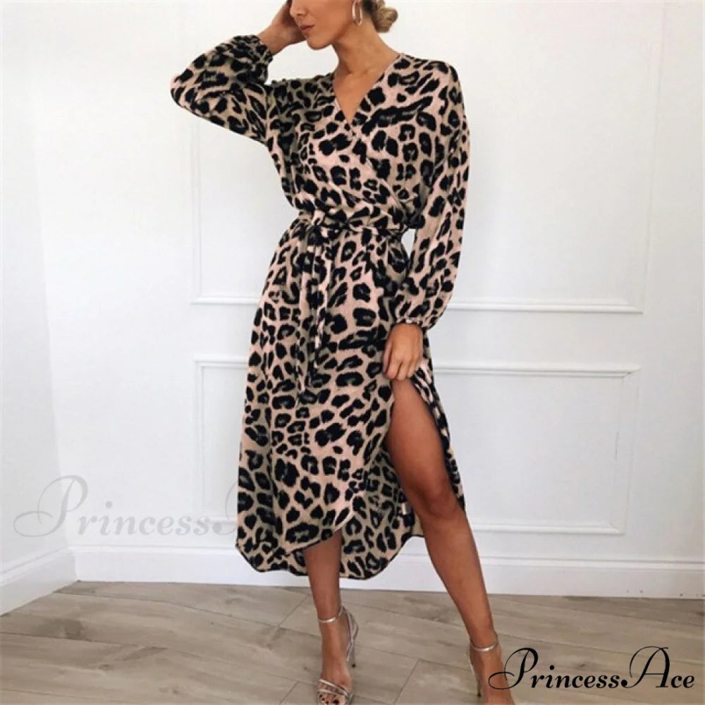 Fashion Sexy Leopard V-Neck Sling Maxi Dresses Long Sleeves Pink / S