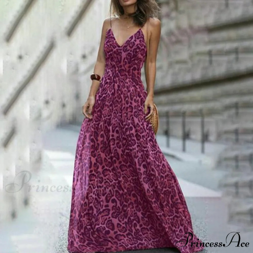 Fashion Sexy Leopard V-Neck Sling Maxi Dresses rose Red / S