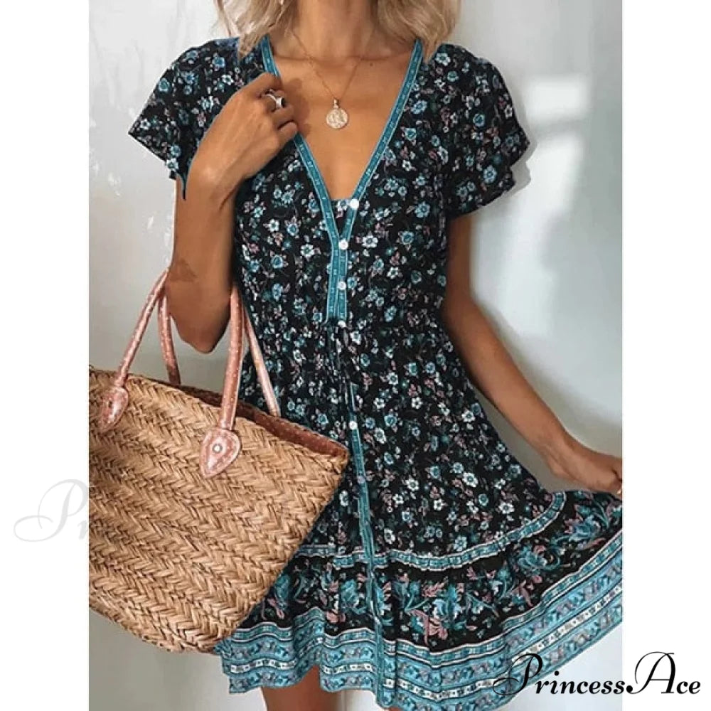 Fashion Short Sleeves V-neck Dresses Blue / S