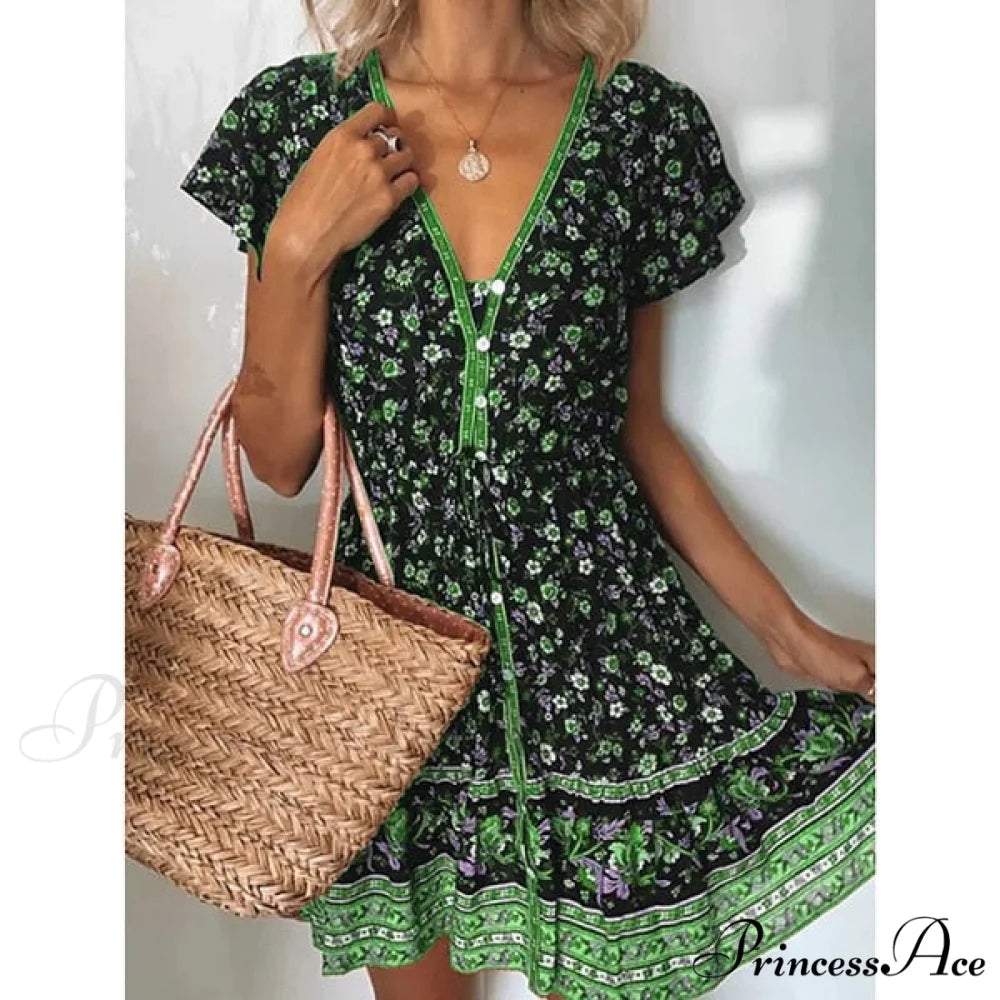 Fashion Short Sleeves V-neck Dresses Green / S