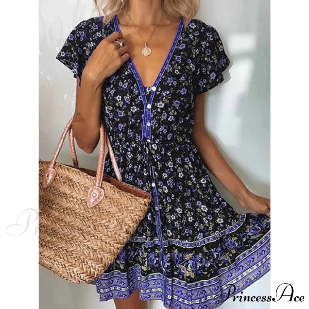 Fashion Short Sleeves V-neck Dresses Purple / S