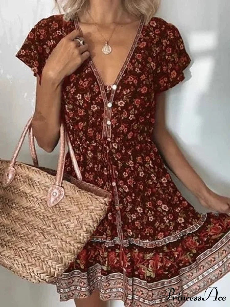 Fashion Short Sleeves V-neck Dresses Red / S