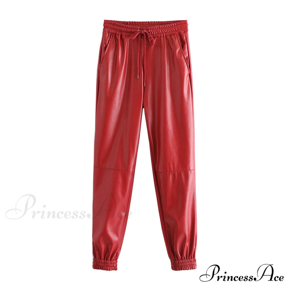 Fashion Side Pockets Faux Leather Jogging Pants Red / XS