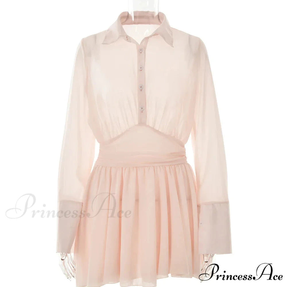 Fashion Single Breasted Pleated Sheer Mini Dress Pink / S
