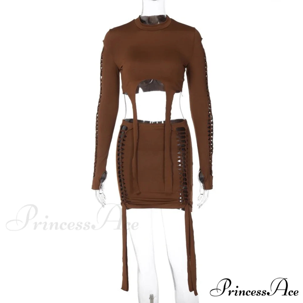 Fashion Skirt Autumn Women’s 2024 Brief Long-Sleeved and Blouse Suit Brown / S / Model height