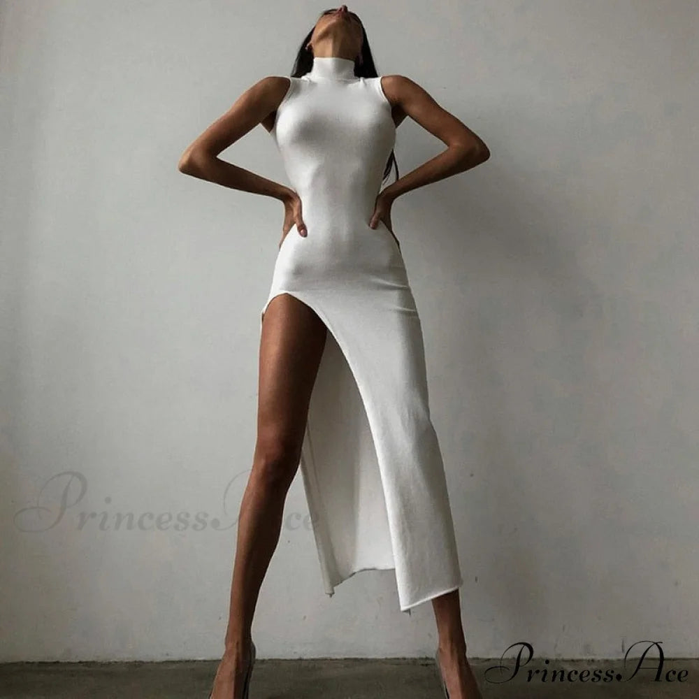 Fashion Sleeveless Elegant Party Club White Split Long Dress White / S