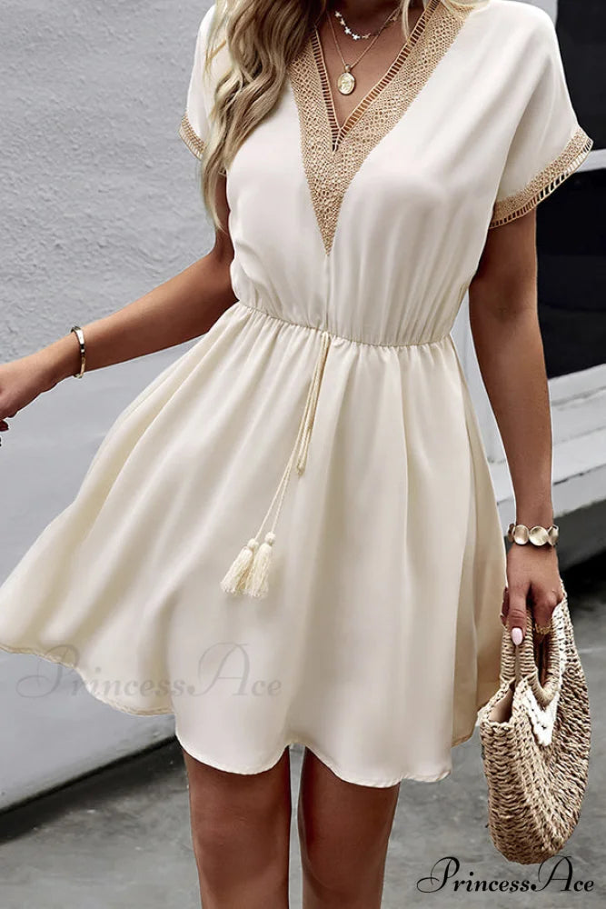 Fashion Sleeveless Solid Layered Modern Ruffle Hem Mini Dress S / Beige