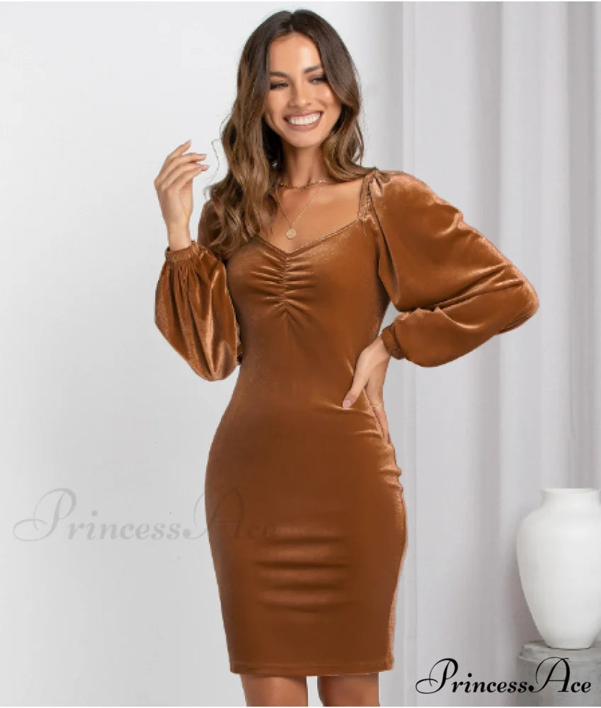 Fashion Slim Bag Hip Backless Skirt with Square Collar S / yellow brown