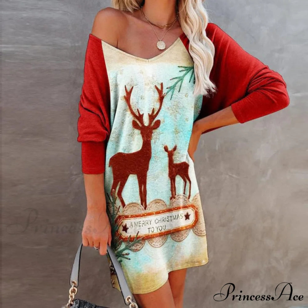 Fashion Smiley Christmas Print Dress 03 Red / S