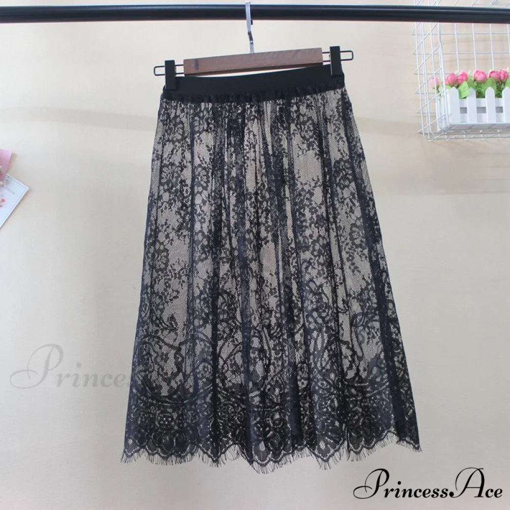 Fashion Solid Casual Mesh Lace Skirts Black / L