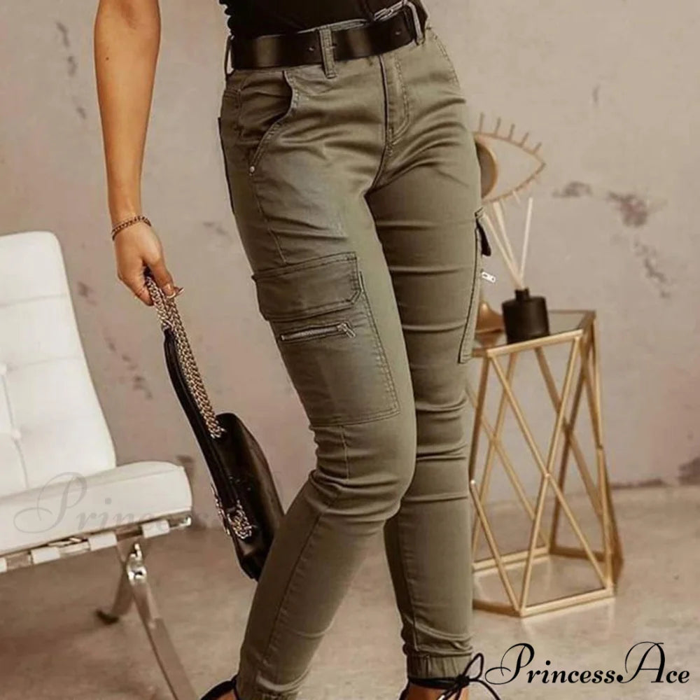 Fashion Solid Color Casual Pocket Button Zipper Slim Trousers