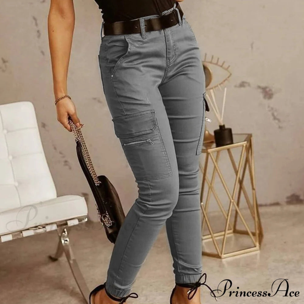 Fashion Solid Color Casual Pocket Button Zipper Slim Trousers