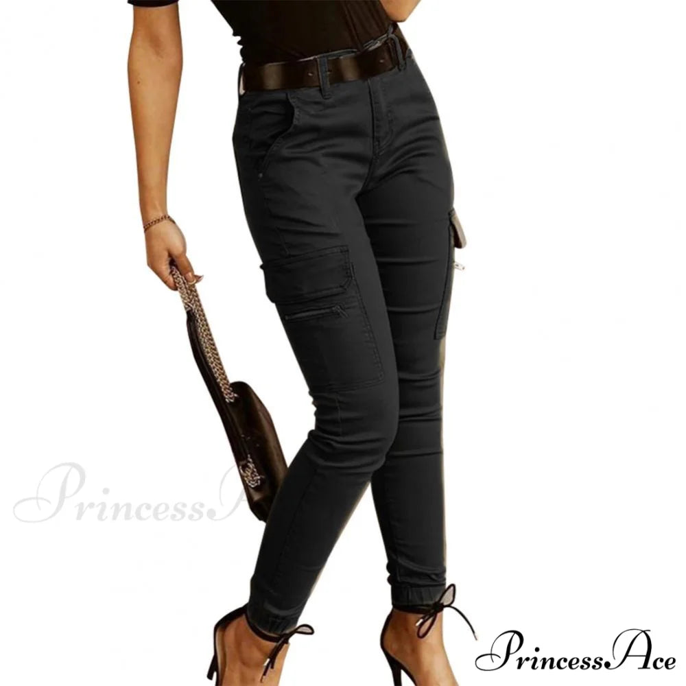 Fashion Solid Color Casual Pocket Button Zipper Slim Trousers Black / S