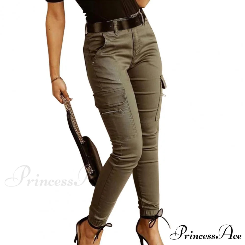 Fashion Solid Color Casual Pocket Button Zipper Slim Trousers Green / S