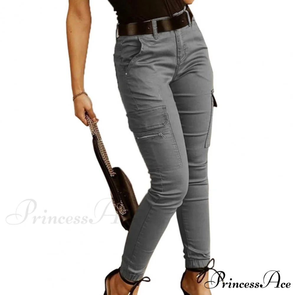 Fashion Solid Color Casual Pocket Button Zipper Slim Trousers Grey / S