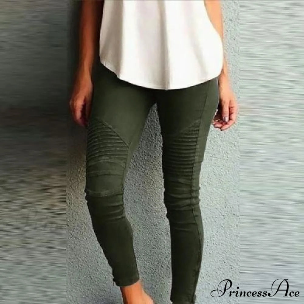 Fashion Solid Color Elastic Waistband Slim Skinny Pencil Pant Trouser Army Green / S