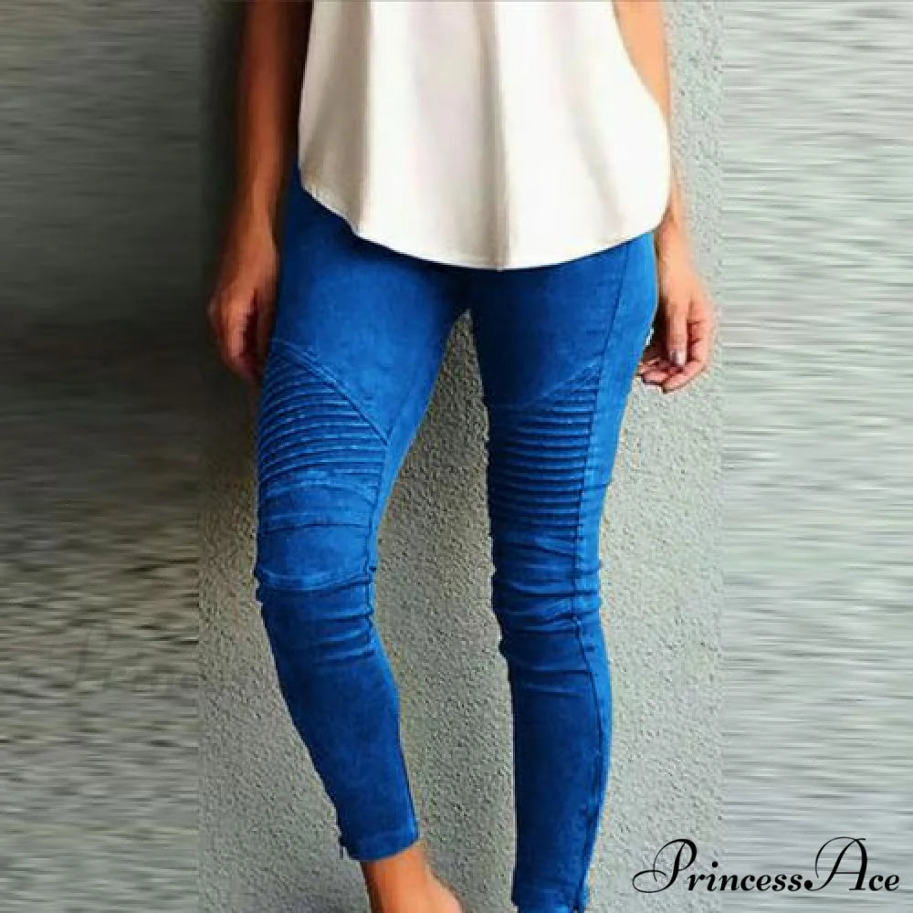 Fashion Solid Color Elastic Waistband Slim Skinny Pencil Pant Trouser Blue / S