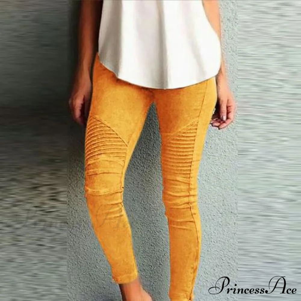 Fashion Solid Color Elastic Waistband Slim Skinny Pencil Pant Trouser Ginger Yellow / S