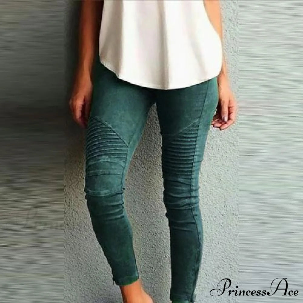 Fashion Solid Color Elastic Waistband Slim Skinny Pencil Pant Trouser Green / S
