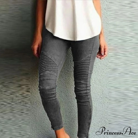 Fashion Solid Color Elastic Waistband Slim Skinny Pencil Pant Trouser Grey / S