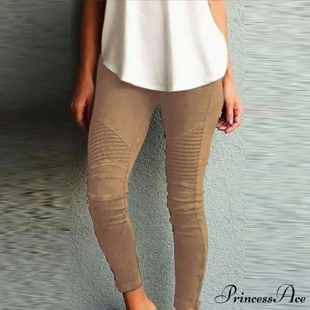 Fashion Solid Color Elastic Waistband Slim Skinny Pencil Pant Trouser Khaki / S